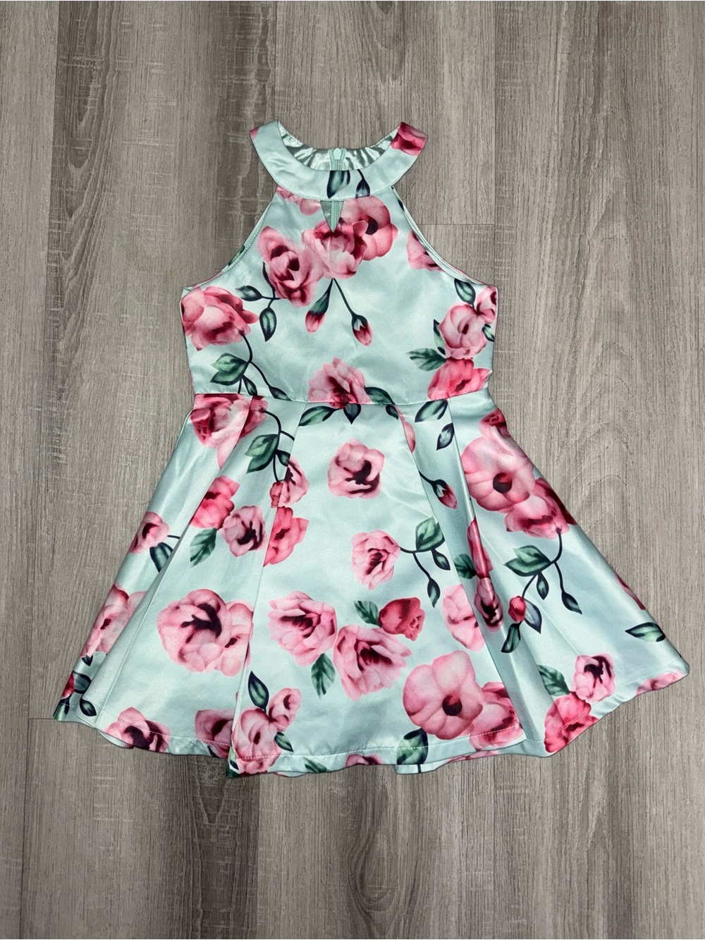 Elisa B. Fit & Flare Floral Halter Dress Light Blue Pink Sleeveless Size 7